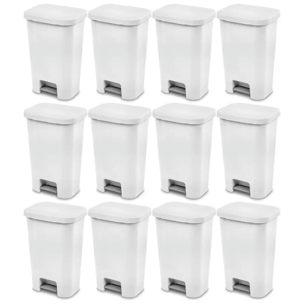 11.9 Gallon Rectangular Step On Kitchen Plastic Indoor Wastebasket with Wide Opening Lid and Comfort Handle for Home, White 12