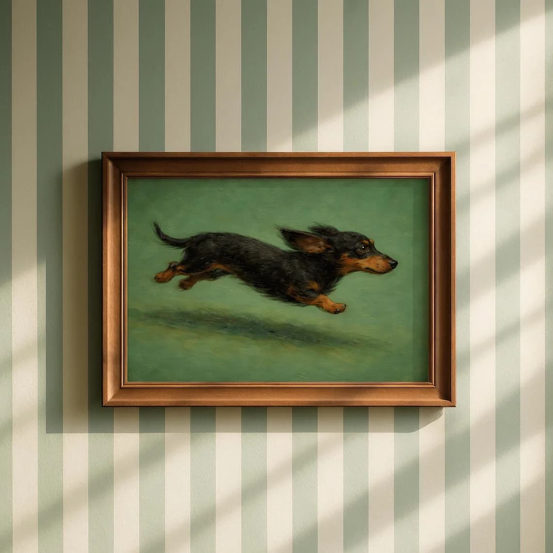 Classic Oil Painting Style Dachshund Wall Print Decor - Timeless Illustration of a Energetic Black-and-Tan Dachshund Mid-Leap, W