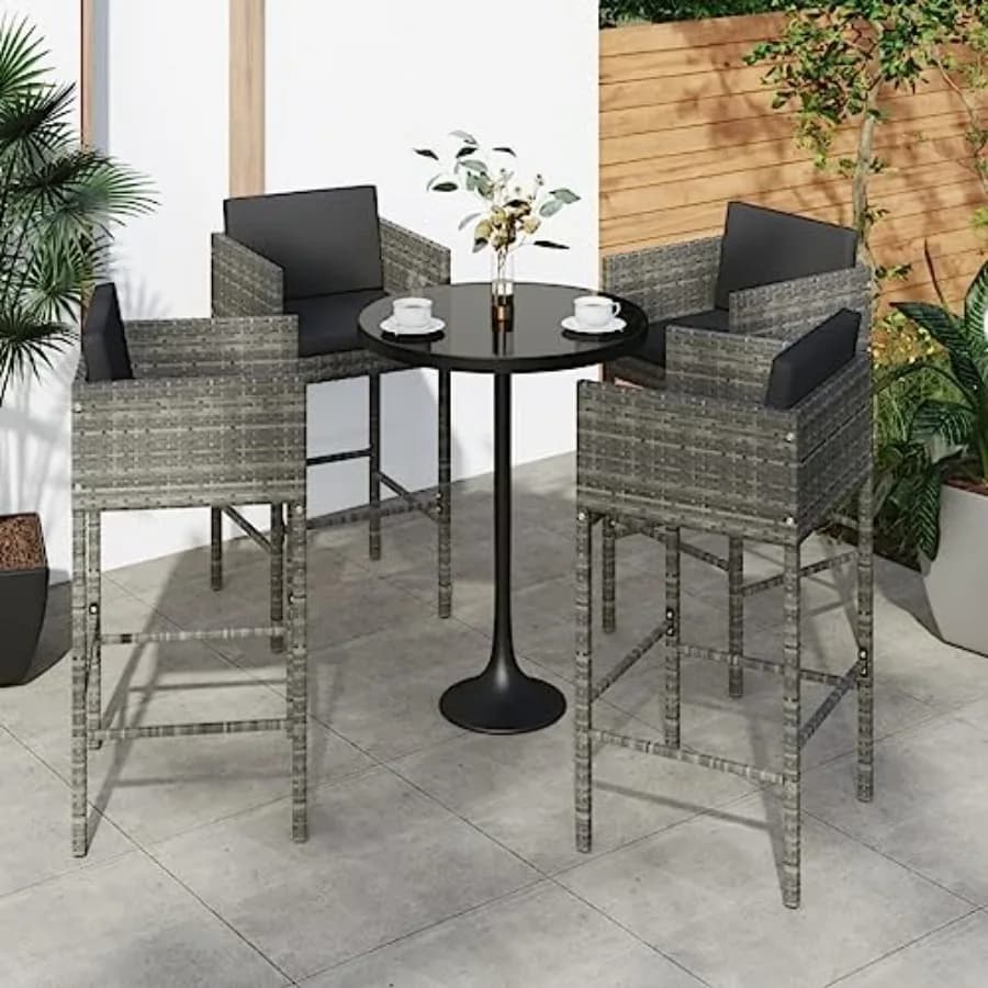 Set di 4 sgabelli da bar in polyrattan grigio, sedie da pranzo per patio esterno con cuscini, struttura in acciaio verniciato a polvere, 18,9x19,7x39,4 pollici