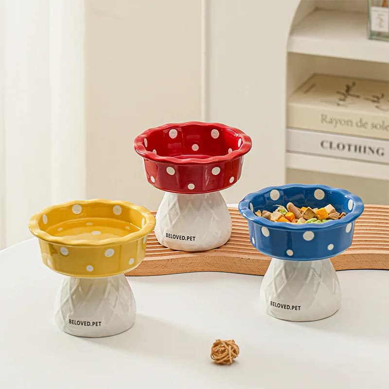 Ciotola per gatti rialzata in ceramica con bocca larga e base antiscivolo, piatto per alimenti per animali domestici a collo alto con design a fungo per gattini e gatti adulti
