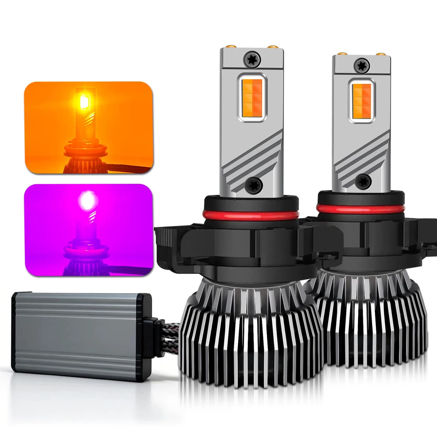 5202 LED CANBUS Dual‑Color LED Headlight Fog Bulb, 30000LM Switchable Amber & Pink Light, Dual Copper‑Tube Cooling Fan