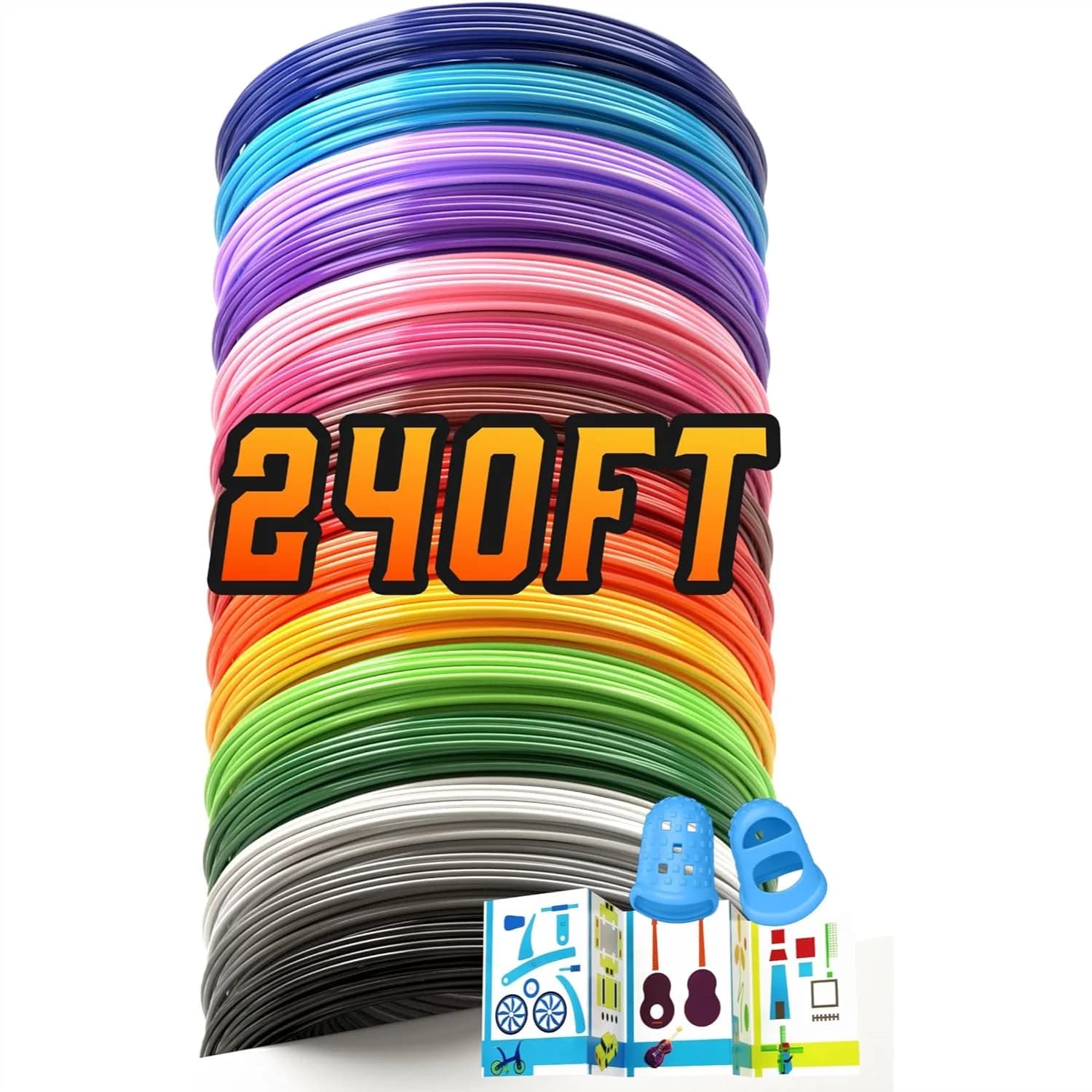 Filamenti di ricambio per penna 3D da 1,75 mm, 15 colori, 240 piedi, materiale PLA per disegni fluidi, con 2 tappi per le dita e stencil