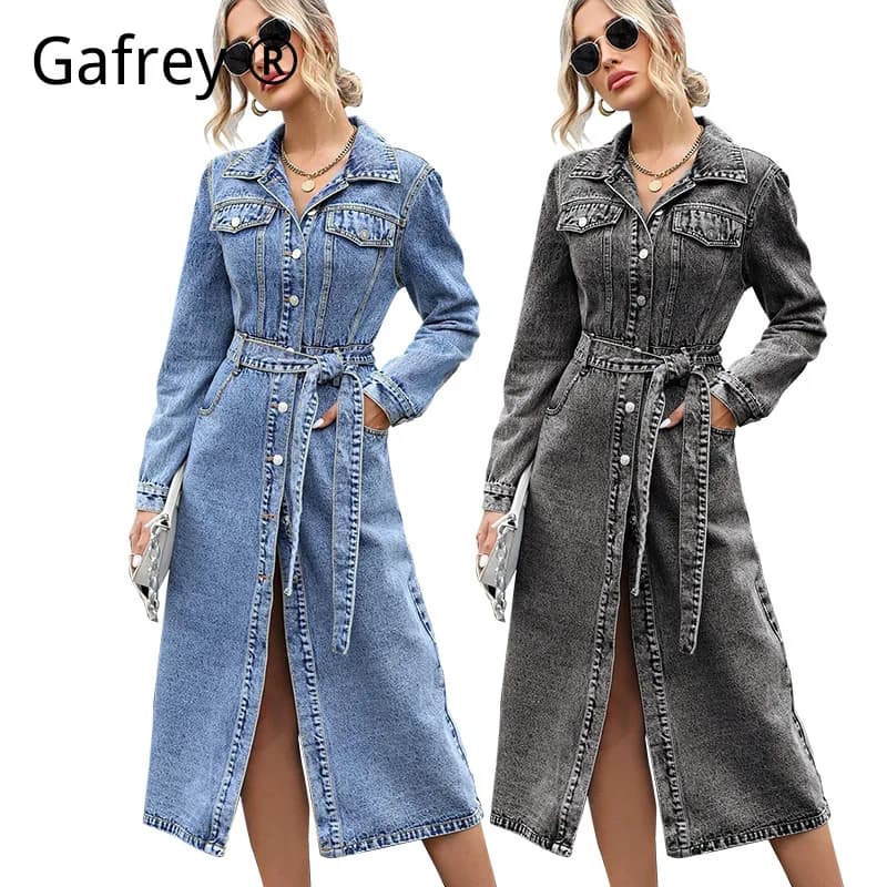 Abito in denim a maniche lunghe da donna, vestito in jeans a vita sottile a trapezio per autunno inverno, abiti midi casual aderenti, outfit alla moda streetwear