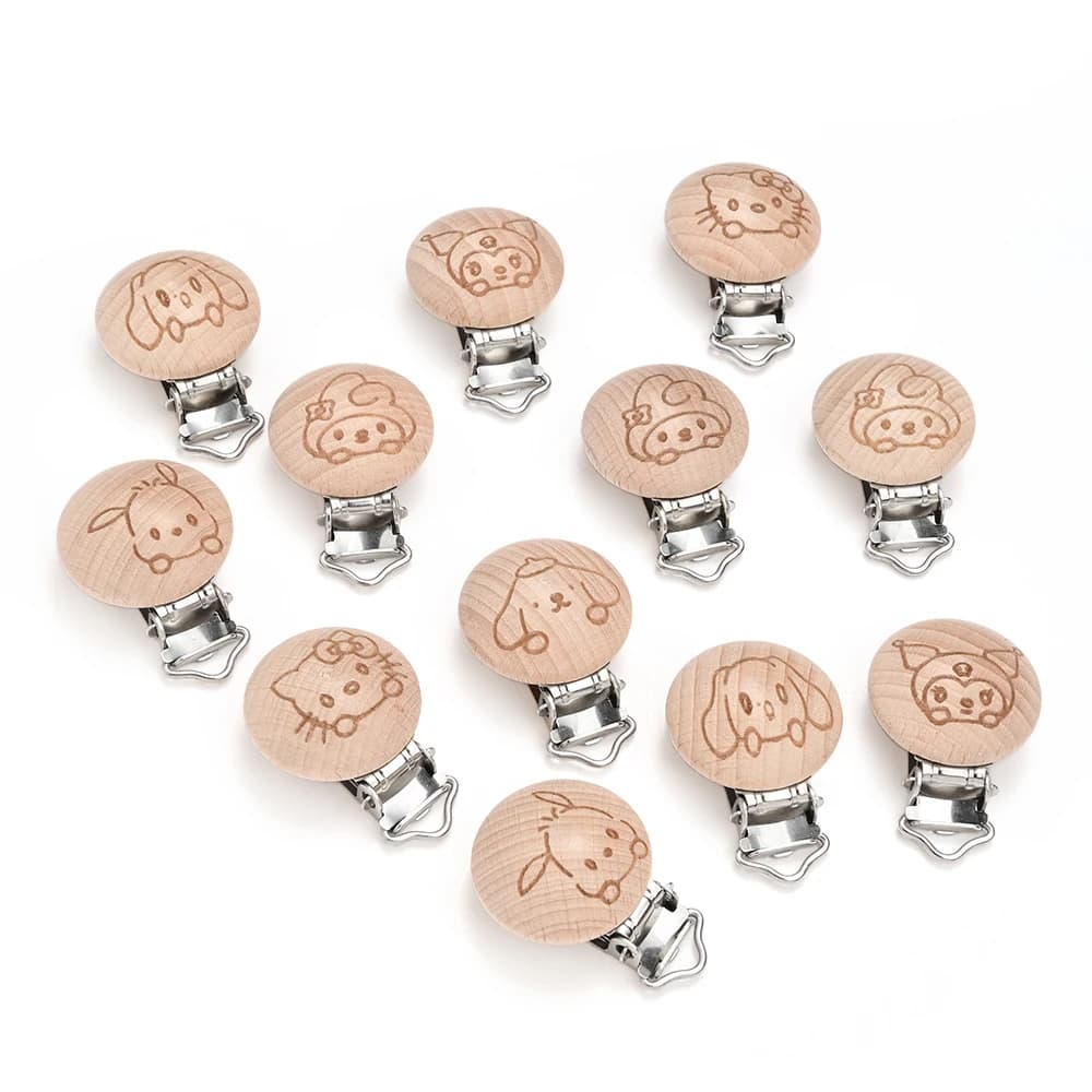 6Pcs/Lot 30mm Wooden Sanrio Pattern Pacifier Clip Beech Chewable Teething DIY Dummy Clip Chain Baby Teether Nursing Accessories