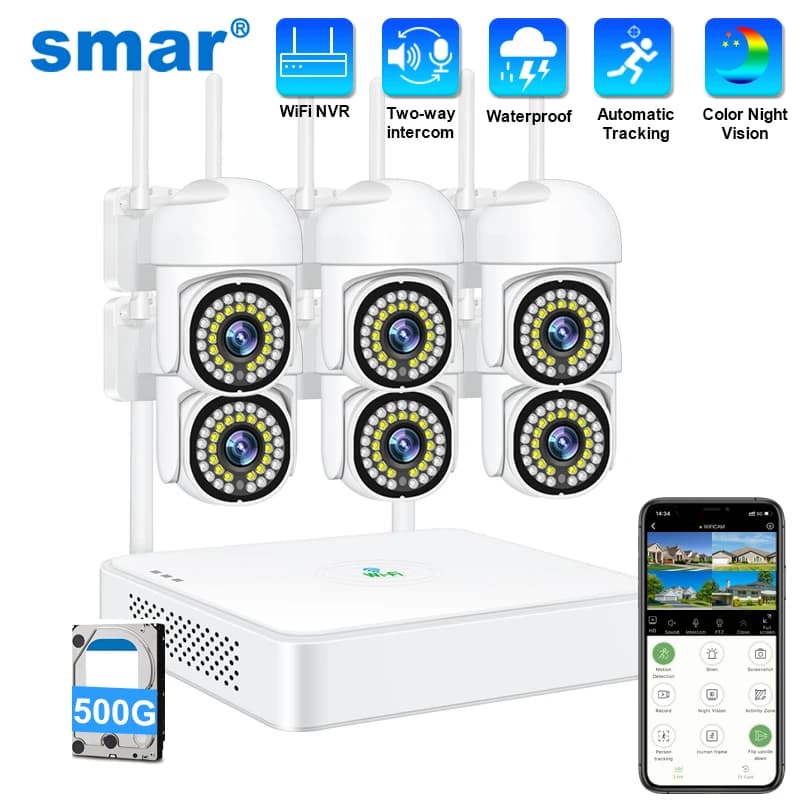 Wireless Smar 3MP CCTV Security Camera System, WiFi PTZ Camera for Exterior, Alarm Surveillance Kit, WiFi Camera Set NVR 8CH