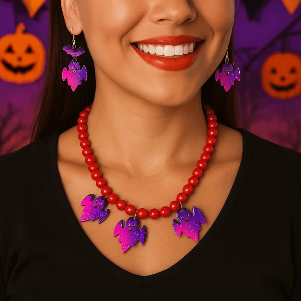 Set di gioielli in acrilico per Halloween Set di gioielli con pipistrello fantasma regolabile con perline Set di orecchini con collana girocollo fatta a mano estetica
