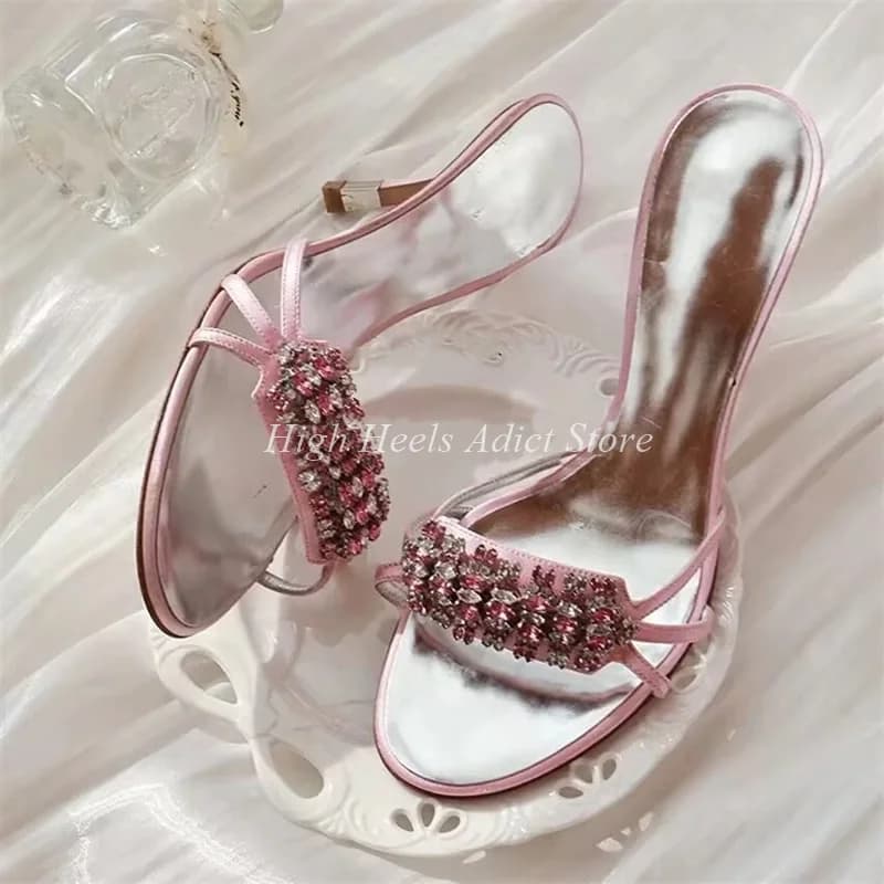 Pink Crystal Buckled Leather 7cm Slippers Women's Diamond Open Toe High Heels Summer Vintage Mules Luxury Designer Party Shoes