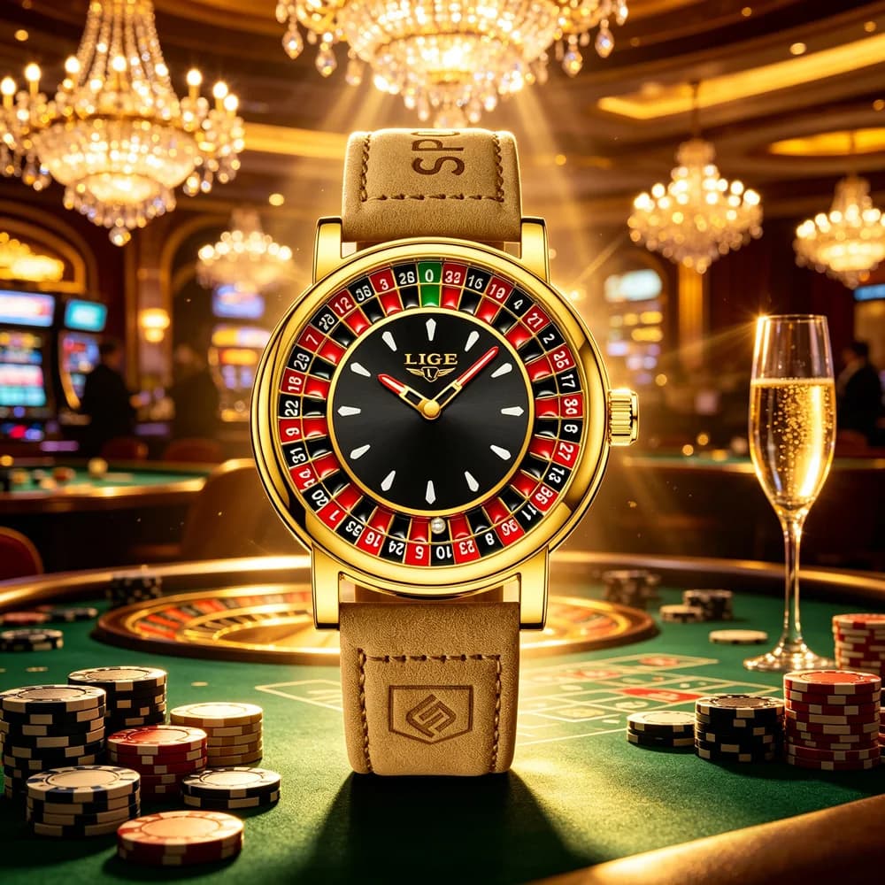 Orologi da Uomo LIGE con Quadrante a Roulette Russa, Cinturino in Vera Pelle, Impermeabili, Luminosi, al Quarzo, con Sfera Rotante