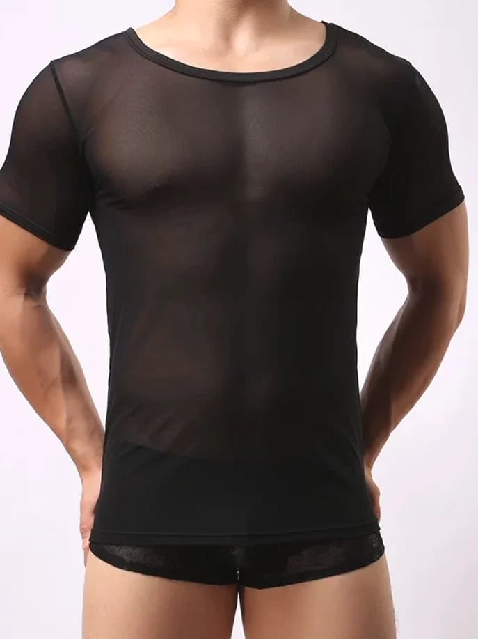T-shirt sexy da uomo a maniche corte in rete trasparente, fresca, sottile, ad asciugatura rapida, elastica, aderente, in seta liscia, modal, nera, effetto seta.