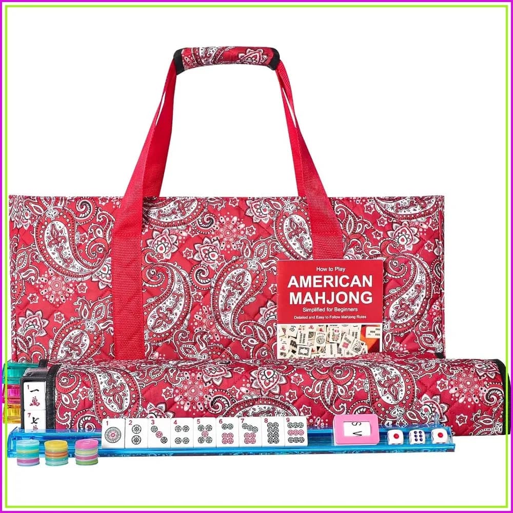 American Mahjong Set, 166 Scratch-Resistant Tiles, 4 Color Racks/Pushers, Red Carrying Bag