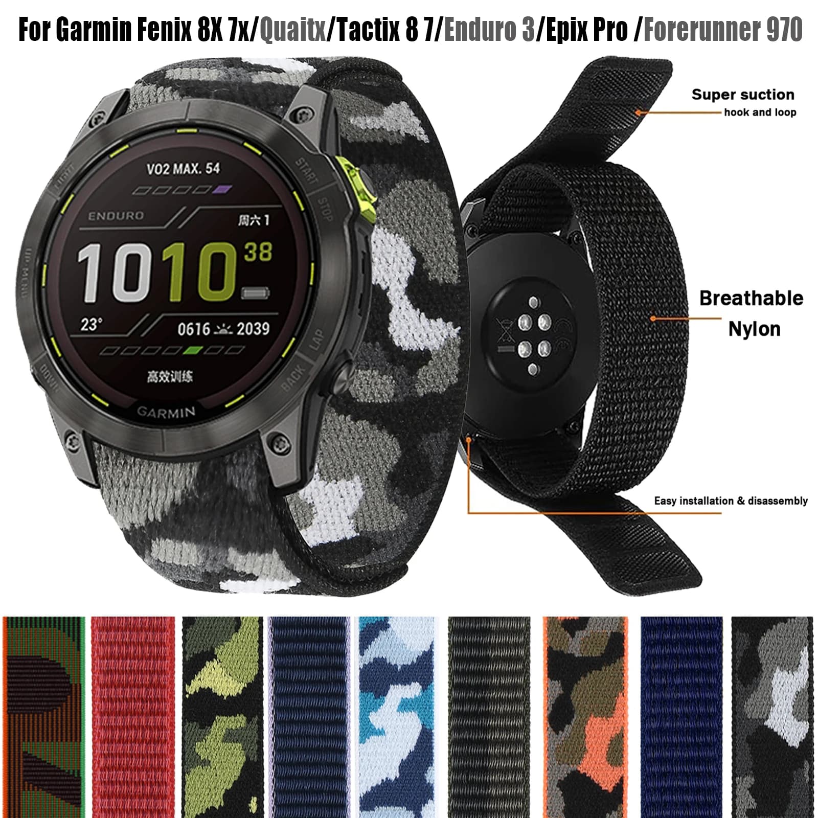 26mm 22mm cinturino in nylon con gancio per Garmin Enduro 3/Epix Pro Gen 2/Fenix 8 E 7X 7 Quatix 8 QuickFit braccialetto sportivo traspirante