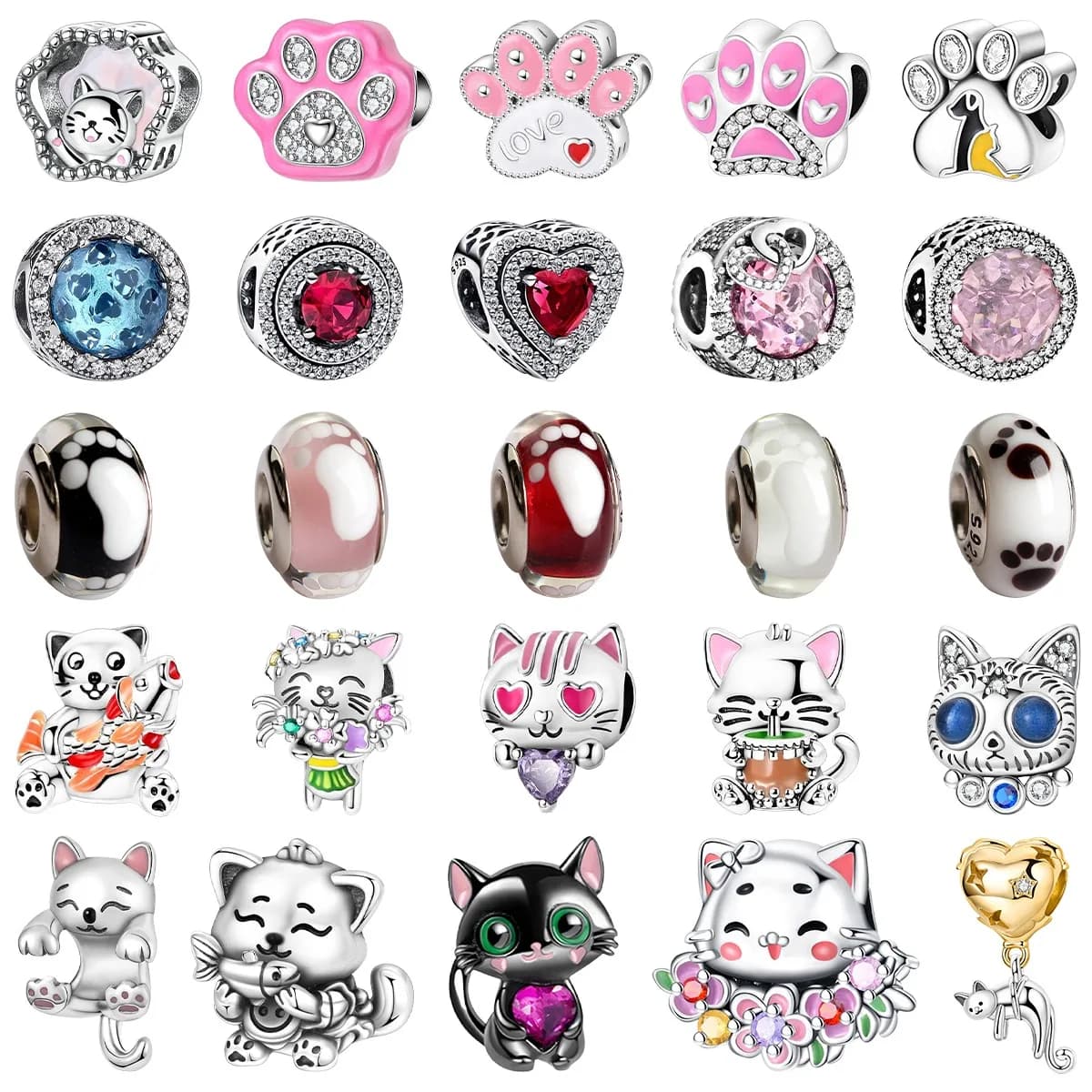 Perline di vetro rotonde con zampa di gatto rosa originale in argento sterling 925, ciondoli per gatti, braccialetti adatti, collane, gioielli fai da te, regali