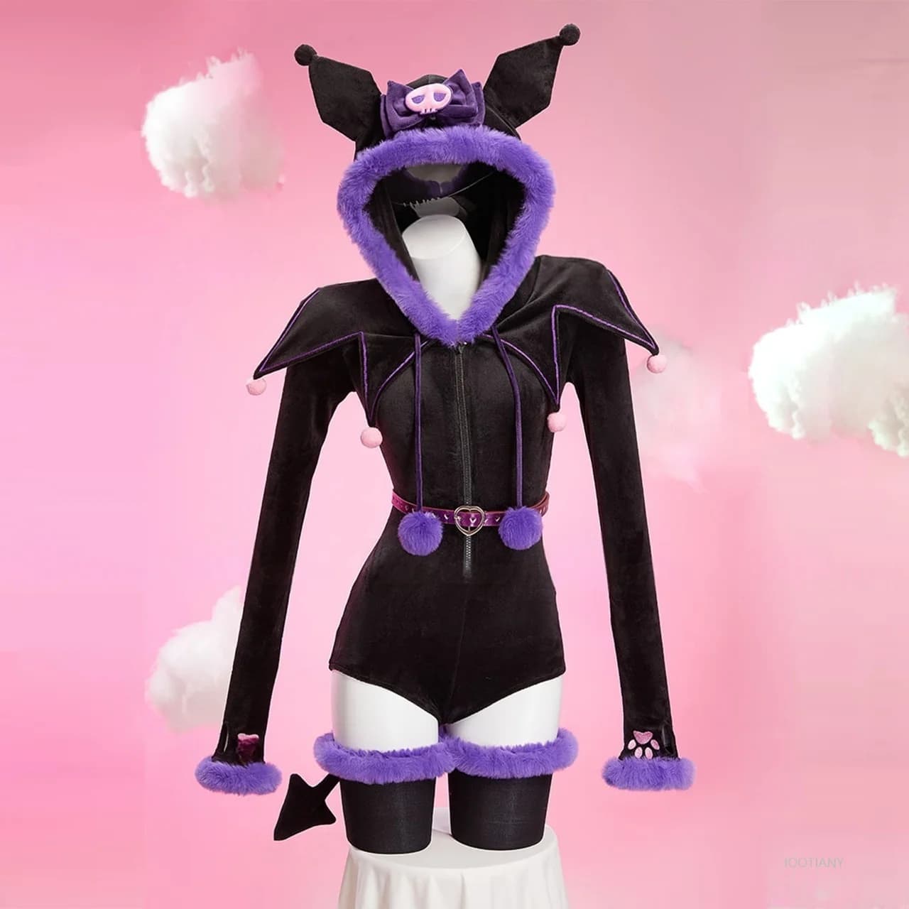 Anime Purple Devil Costume Cosplay Tuta sexy con cappuccio da donna Calzini a coda Set Bunny Girl Cartoon Pigiama di peluche Tuta Kawaii