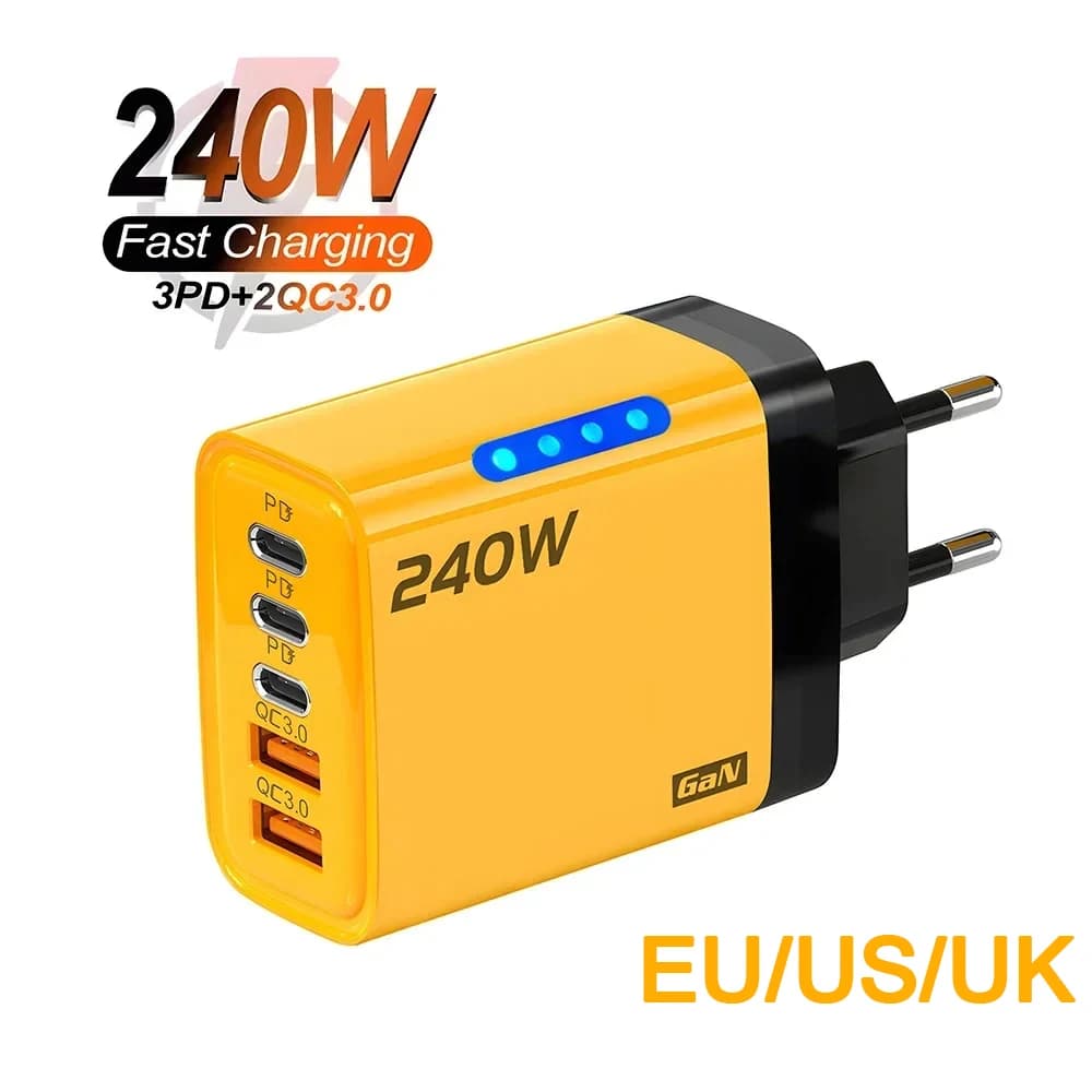 Caricatore USB C GaN da 240 W Spina UE/USA/Regno Unito Adattatore di ricarica rapida Caricatore da muro per telefono cellulare con ricarica ad alta velocità per iPhone 17 16 Xiaomi