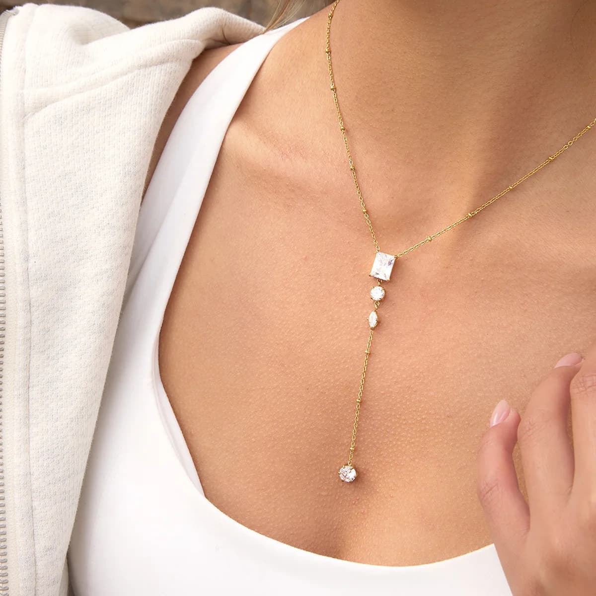 Ars Stainless Steel Y Necklace 18k Gold Plated Long Chain Multi Zircon Drop Dainty Lariat Choker Necklace Women