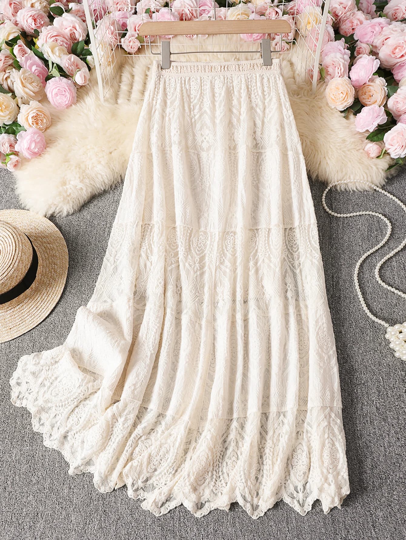 Bohemian Style Hook Weave Midi Long Skirt Spring Summer Long Dress Boho Chic Medium Length Women's Fashion