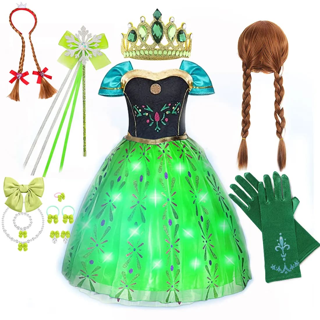 2026 Green Anna Princess Girls Cosplay Dress Halloween Birthday Party Dress + LED Glowing Light Strip + Accessories Set 3-10T