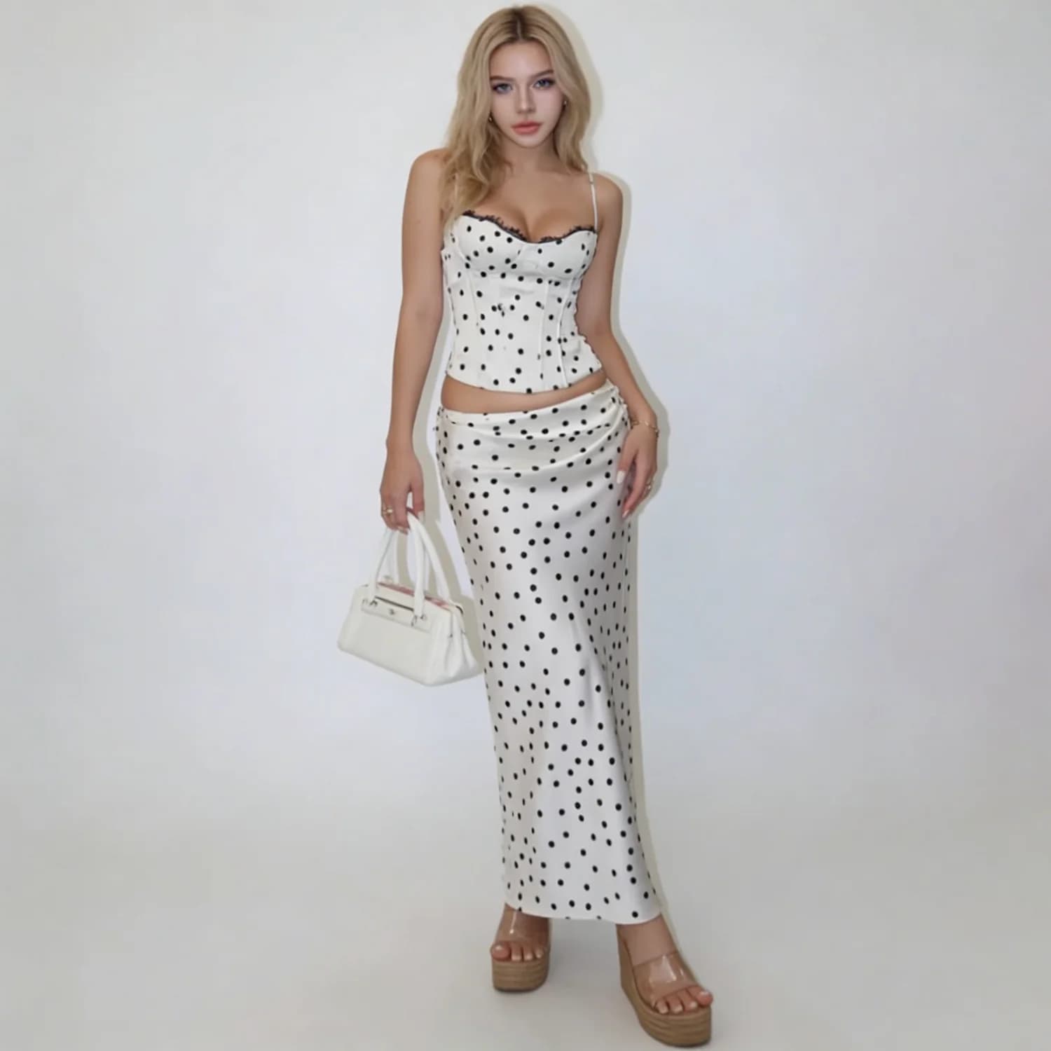 DNBS Elegante Completo Bianco a Pois in Raso 2026, Top Corsetto in Pizzo + Gonna Lunga a Vita Alta, Outfit Estivo da Donna