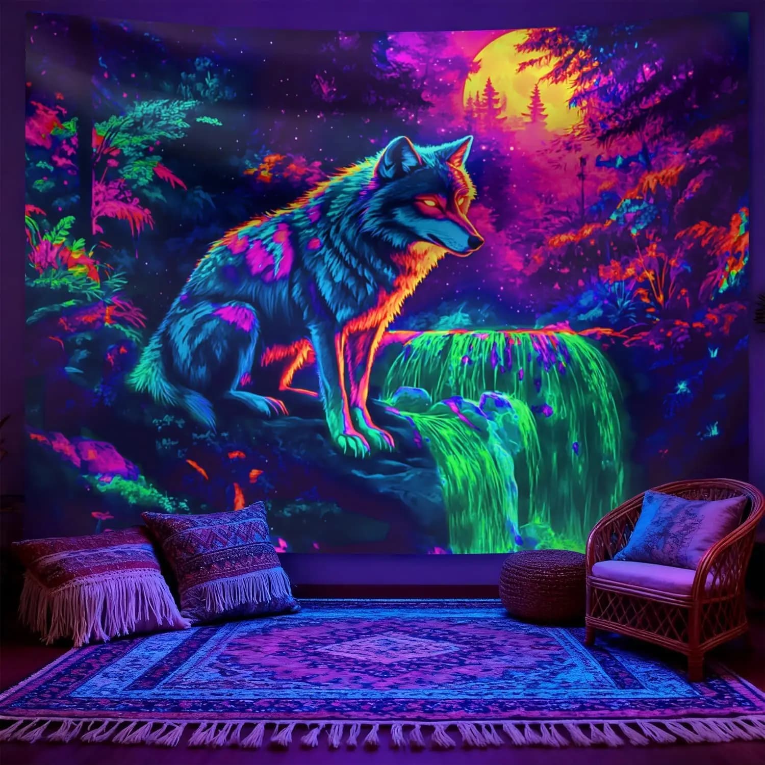 Psychedelic Neon Wolf Forest Wall Tapestry Hanging Decor Large Polyester Art Print for Home Bedroom Living Room