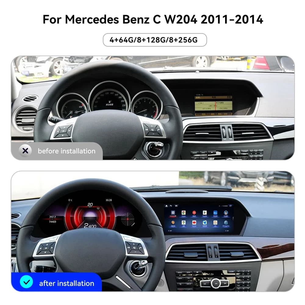 12.3"+8.8" Dual Screen Android15 Car Head Unit For Mercedes Benz C Class W204 2011-2014 8Core IPS Touch Stereo Radio Wireless