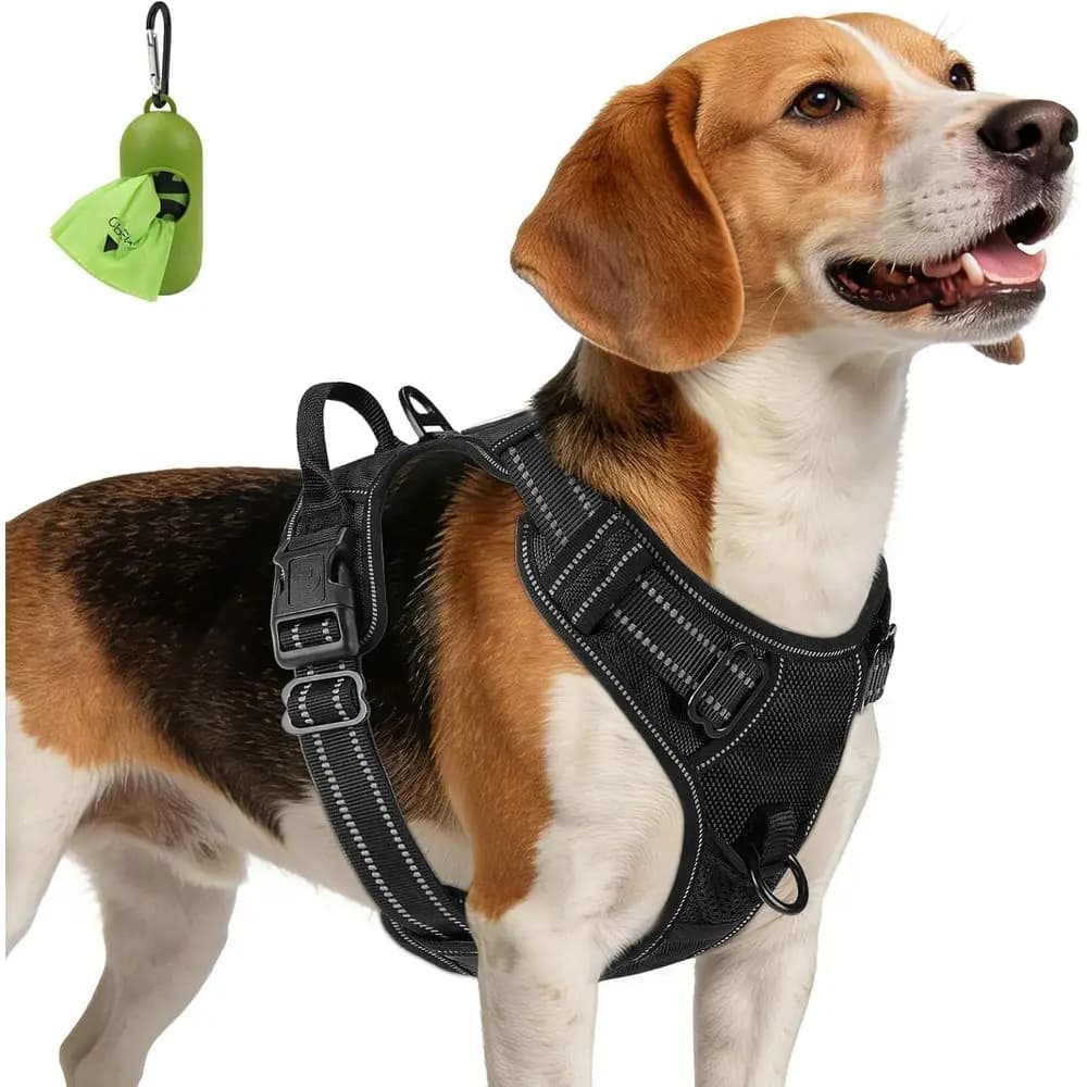 No Pull Dog Harness, Medium Sized Dog, Front Clip, Black | Grab Handle or Control, Padded & Adjustable Vest, Sturdy Metal D-Ring