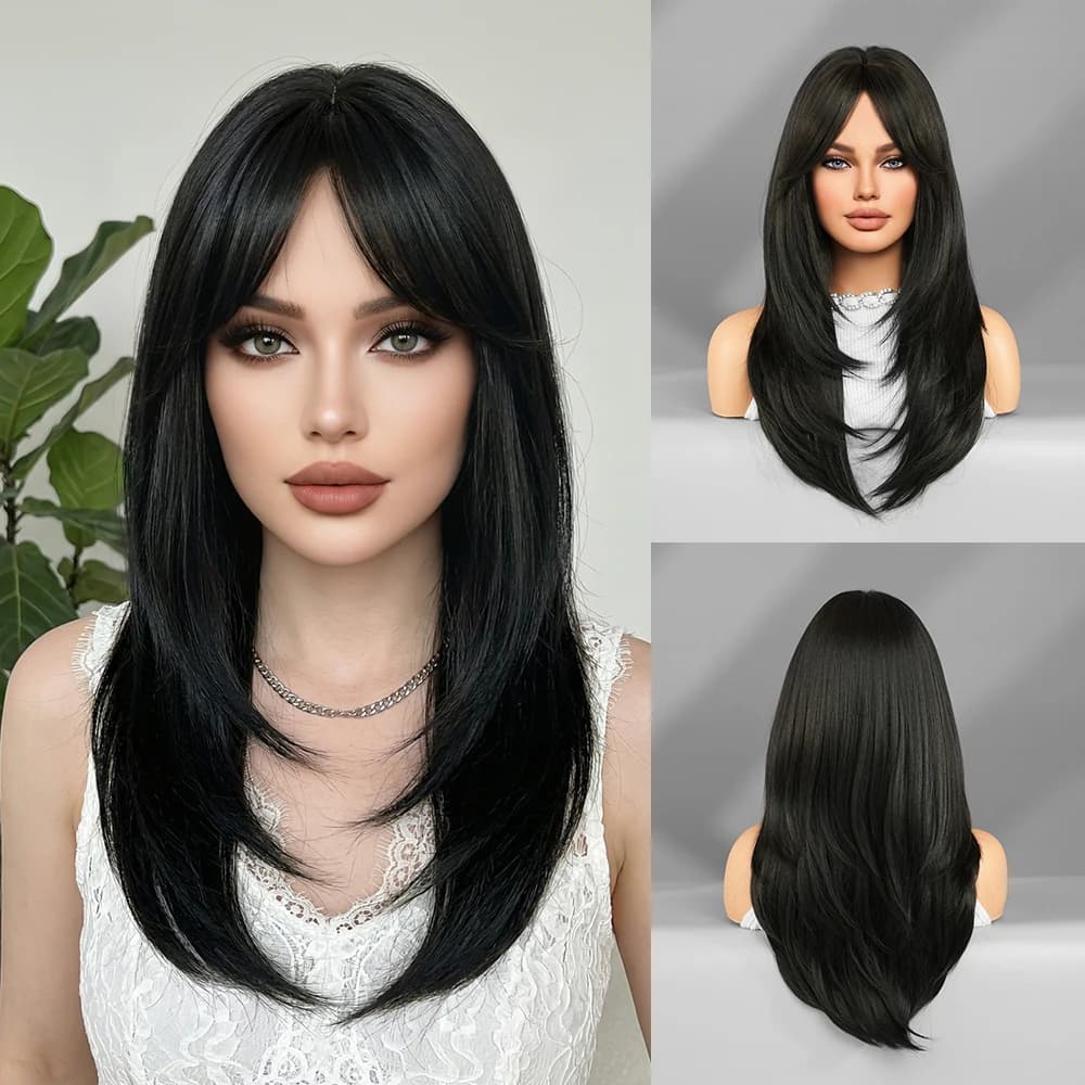 Parrucche Nere Lunghe e Lisce per Donne, Taglio a Strati con Frangia a Cascata, Capelli Sintetici Naturali per Uso Quotidiano