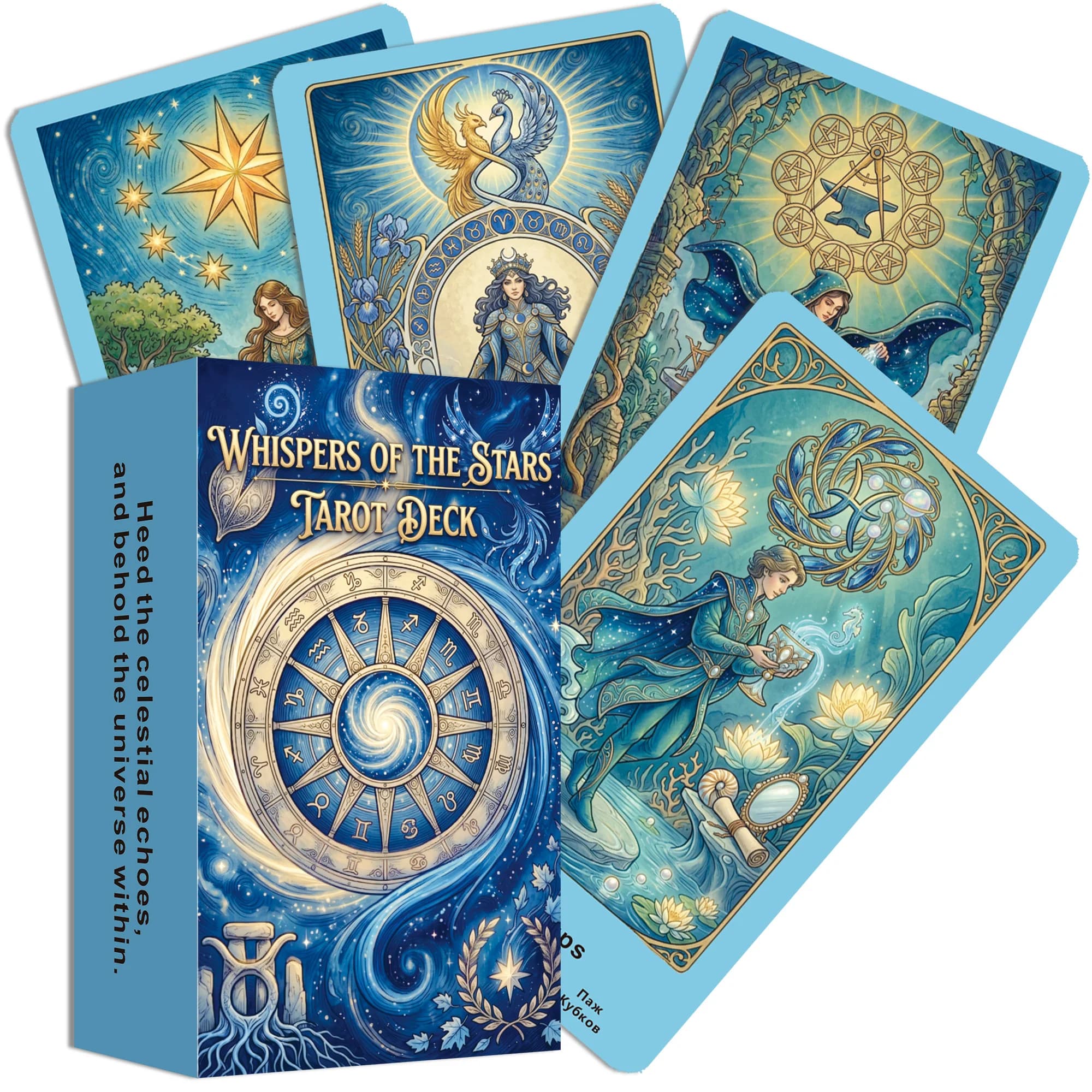 Whispers Of The Stars Tarot Deck, 78 Original Tarot Cards with Guidebook (EN/RU/ES/FR), Blue Celestial Artwork, 12*7cm, 14+