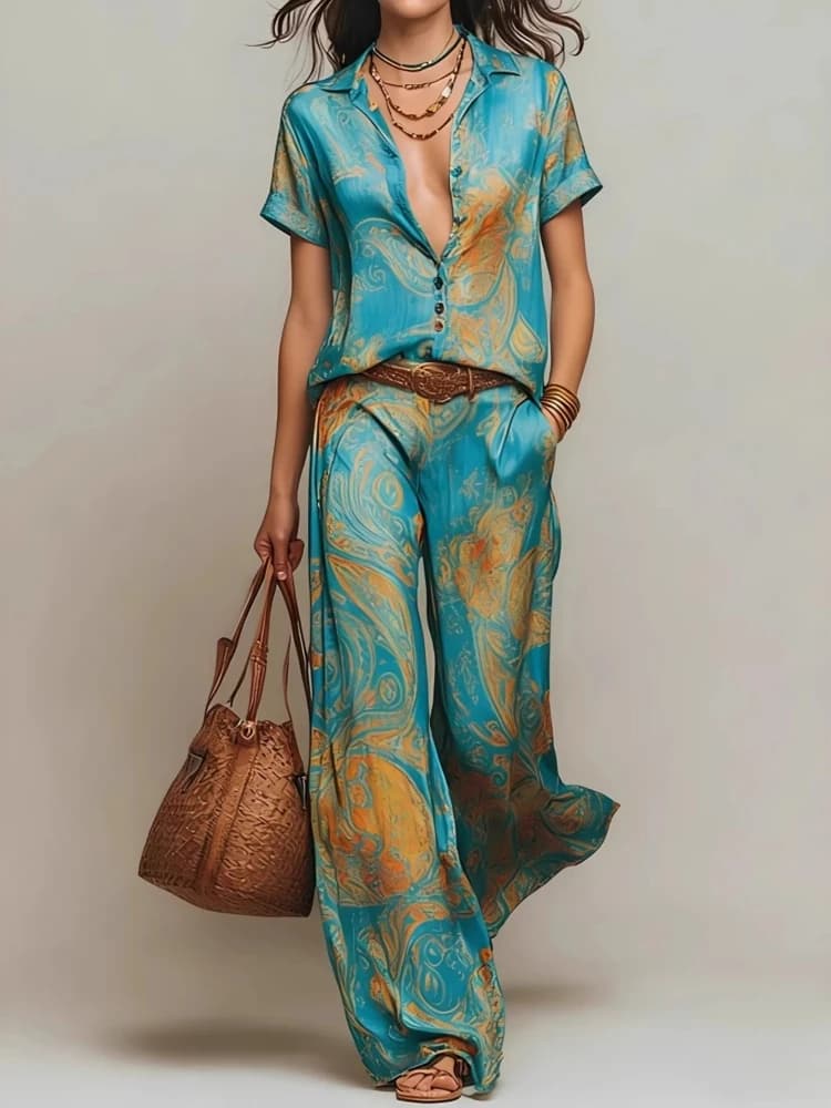 Completo Due Pezzi da Donna Stile Boho con Stampa Paisley, Top con Scollo a V e Maniche Corte, Pantaloni a Gamba Larga, Completo Casual per Vacanze