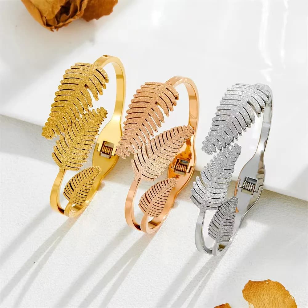 3 pezzi all'ingrosso braccialetto in acciaio inossidabile 316L a forma di felce naturale superficie strutturata oro rosa gioielli placcati in oro e argento personalizzati