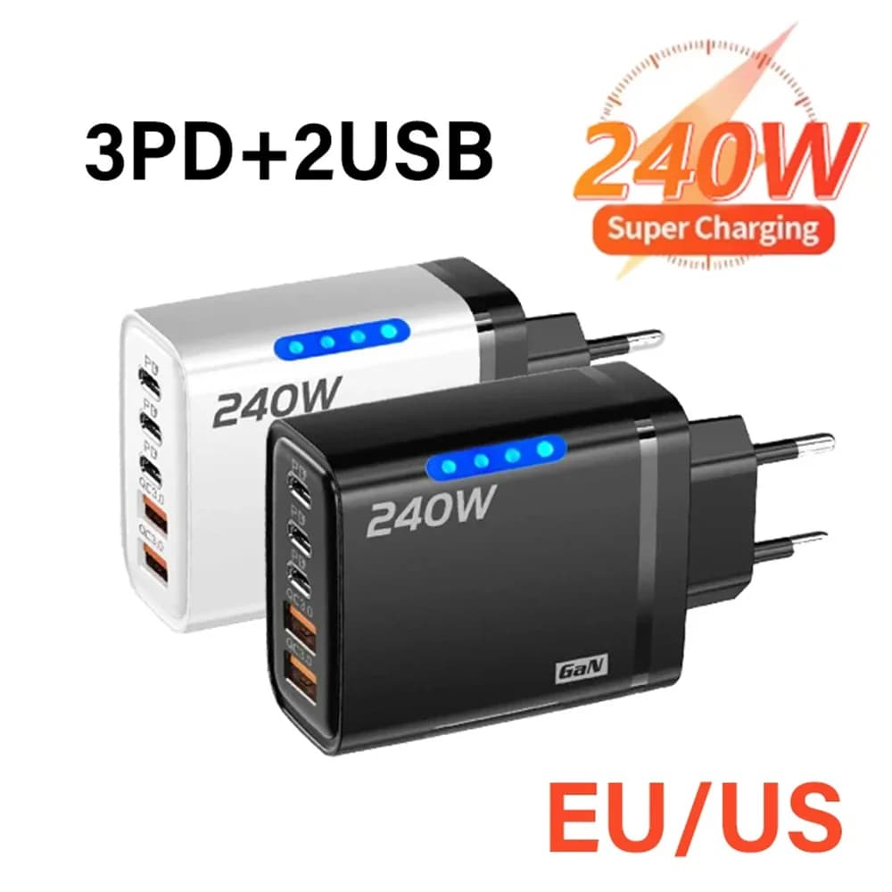 Caricatore GaN USB C da 240W 5 in 1 Multiporta a Ricarica Rapida con Spina EU/US/UK per iPhone 17 16 15 Pro Samsung Xiaomi 15 14