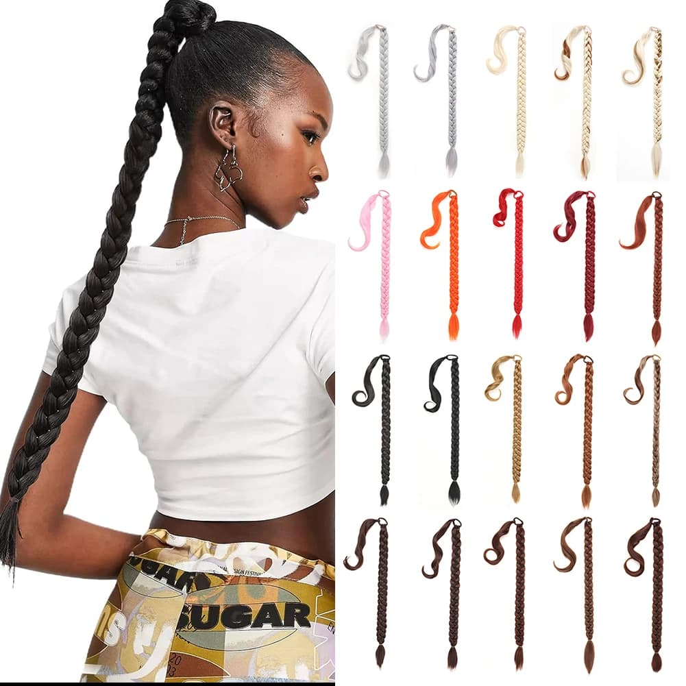 Long stretch do-da-te braided horse tail with straight wrap around synthetic hair extensions