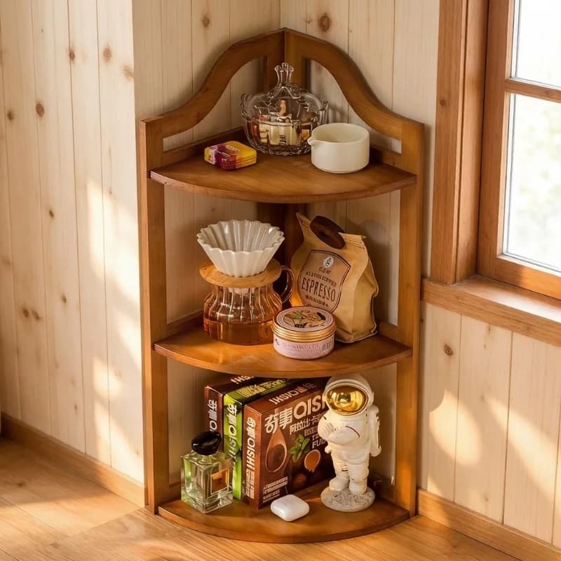 Solid Wood Antique Corner Storage Shelf, Kitchen Spice Rack for Cup Cosmetics Coffee Tea Set