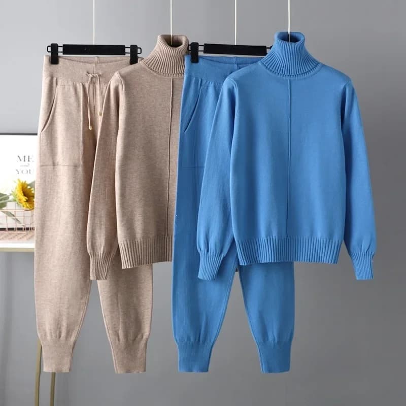 New Autumn Winter Women High Neck Elegant Knit Sweater Top Pants 2-piece Set Long-sleeved Pullovers Casual Loose Womens Clothing