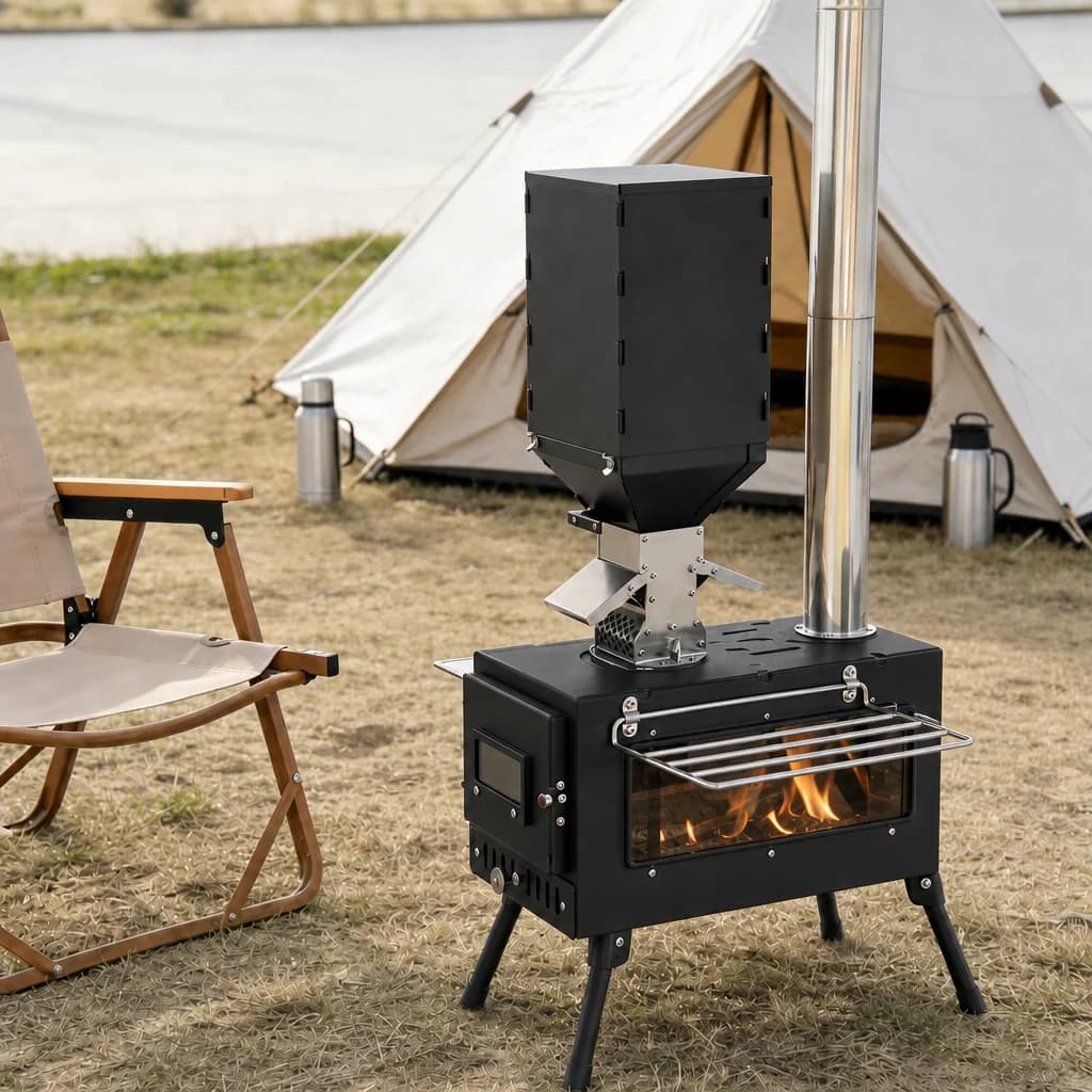 Stufa a Legna Portatile per Campeggio, Bruciatore a Legna in Acciaio Inox Pieghevole, Riscaldatore per Tenda con Finestra, Caminetto da Patio