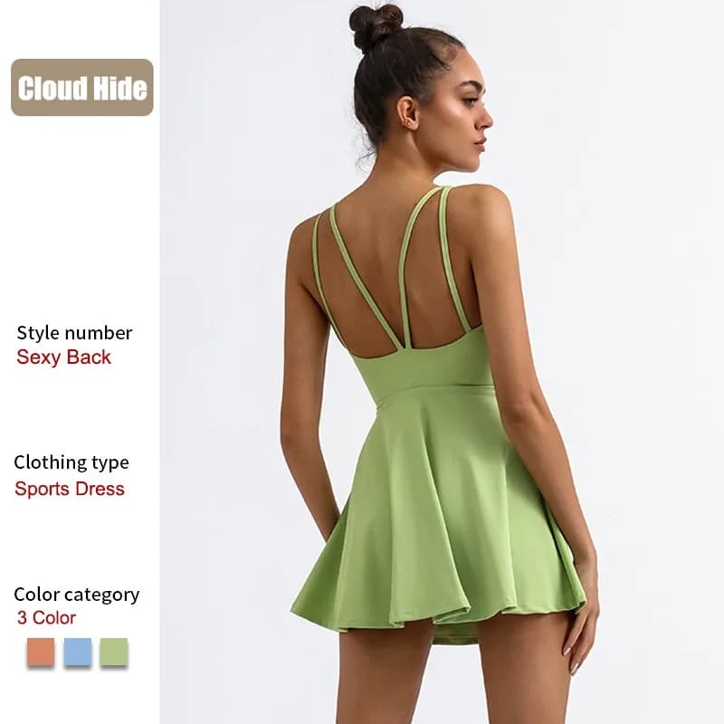 Cloud Hide SEXY Back Sports Dress Pocket Tennis Dresses Women Safe Shorts Gym Golf One Piece Yoga Suit Fitness Dance gonna lunga