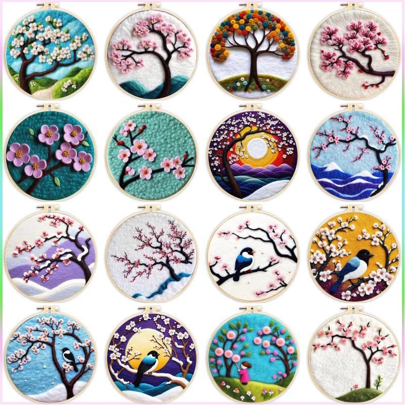 CHENISTORY Needle Felt Painting Flower Tree with Kit Frame for Beginners Hand-made wool Felt Home Decorations for Adults DIY Crafts