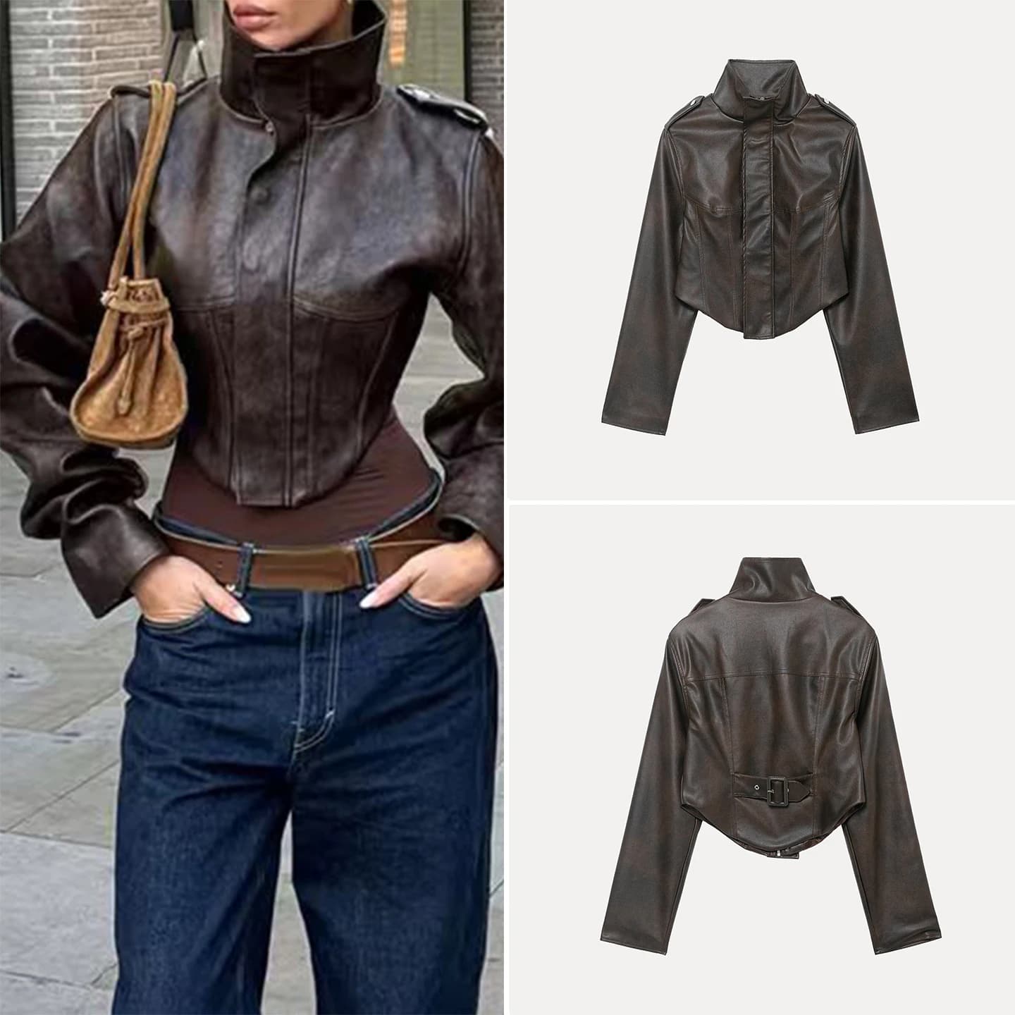 Giacca in Pelle alla Moda con Collo Alto e Maniche Lunghe, Stile Femminile con Cerniera Decorativa, Cappotto Autunno 2025 Nuova Collezione Marca ZADATA