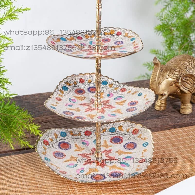 Handmade painted three-layer brass fruit tray, dried fruit snack tray, living room coffee table, vintage storage tray