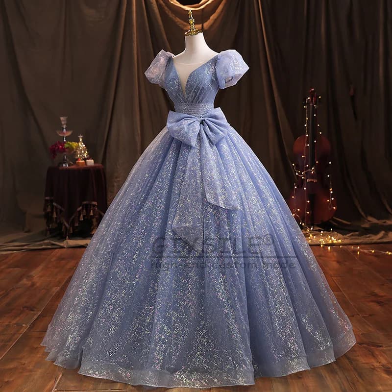 GIYSILE Abito da sera per banchetti personalizzato 2025 Nuovo fiocco con scollo a V Primavera Temperamento blu Elegante principessa Gonna soffice Manica a palloncino