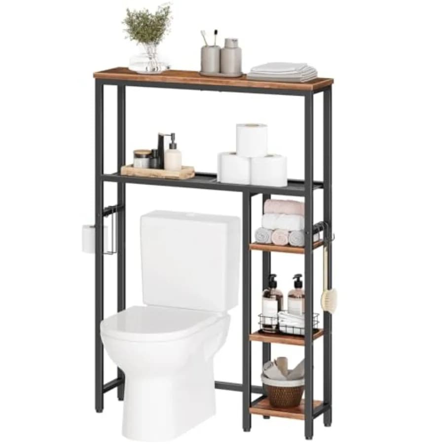 Over The Toilet Storage Cabinet Freestanding Bathroom Organizer with Toilet Paper Holder Hooks 5-Tier Bathroom Storage Shelves