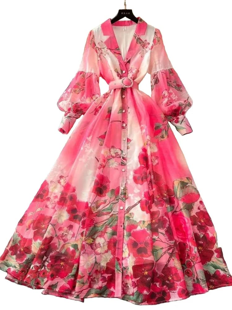 2025 Vacanza primaverile estiva Splendido abito in organza a fiori Abito da donna con maniche lunghe a lanterna con bottoni Cintura di perle Boho Abito lungo fino al pavimento