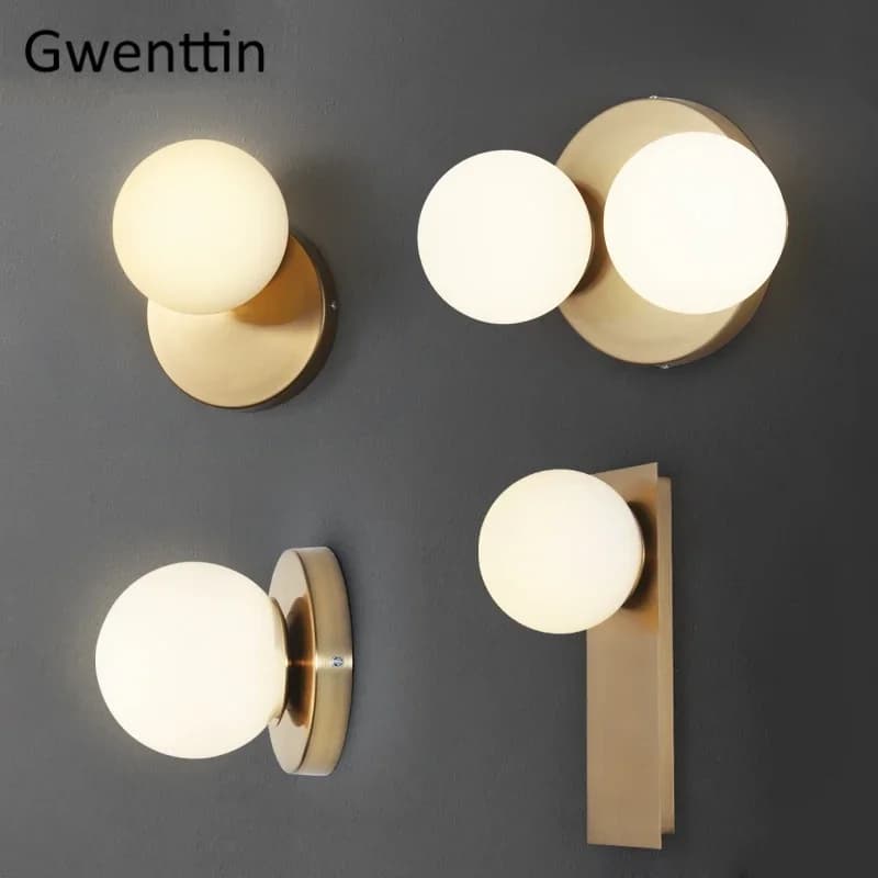 Lampade da parete moderne in oro Lampada da specchio a LED con sfera di vetro Sconce da parete per camera da letto Bagno Comodino Home Loft Decor Apparecchi di illuminazione