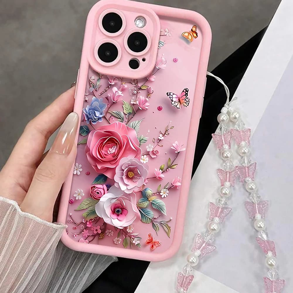 Luxury Strap Coquet Flowers Pattern Case For iPhone 17 15 16 14 Pro Max Plus Cases For iPhone 11 12 13 XR 7 With Lanyard Cover