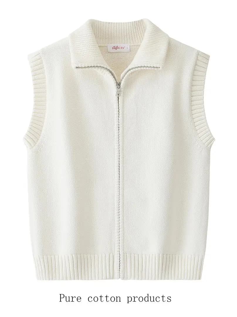 Nuovo Gilet da Donna in Cotone Lavorato a Maglia 2026, Collo Alto con Cerniera, Design a Catena di Aghi Sottili, Stile Dolce, Colore Puro