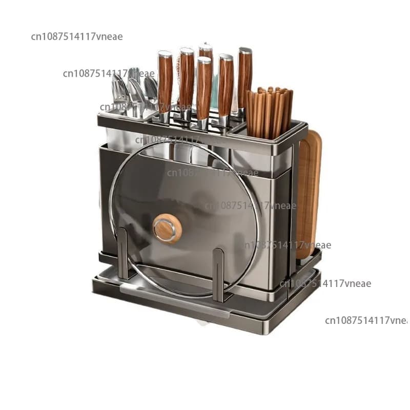 Portautensili da cucina in acciaio inossidabile 304 con tubo per bacchette, supporto per tagliere multifunzionale, drenaggio integrato
