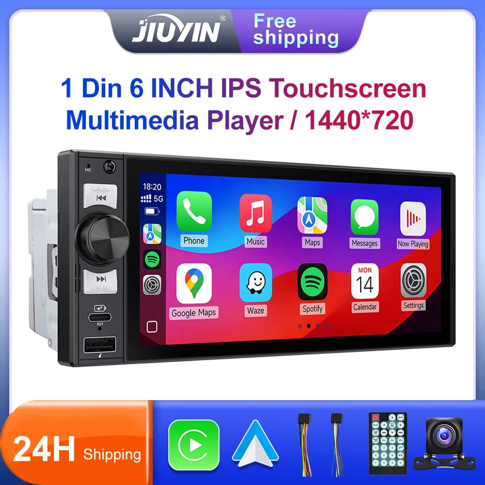JIUYIN 6 "Universale 1DIN Auto Lettore Stereo MP5 Radio Multimediale Wireless CarPlay Android Auto FM USB Tipo-C Spina Touch Screen
