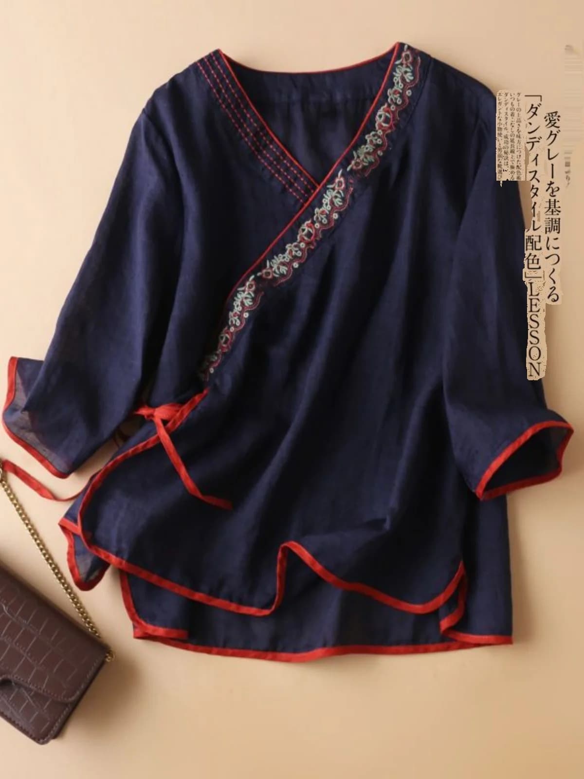 Ladies Cotton Linen Shirt V-Neck Embroidered Half Sleeve Artistic Style Top Summer New Arrival Loose Fit Pure Color Girl's Shirt