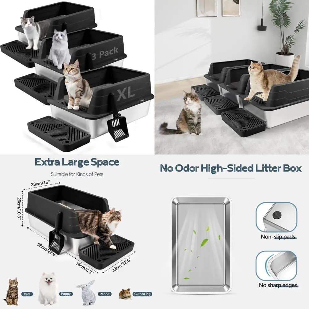 Lettiera per Gatti Extra Large in Acciaio Inossidabile con Bordo Alto e Paletta, Design Anti-Schizzi, Facile da Pulire (Nero)