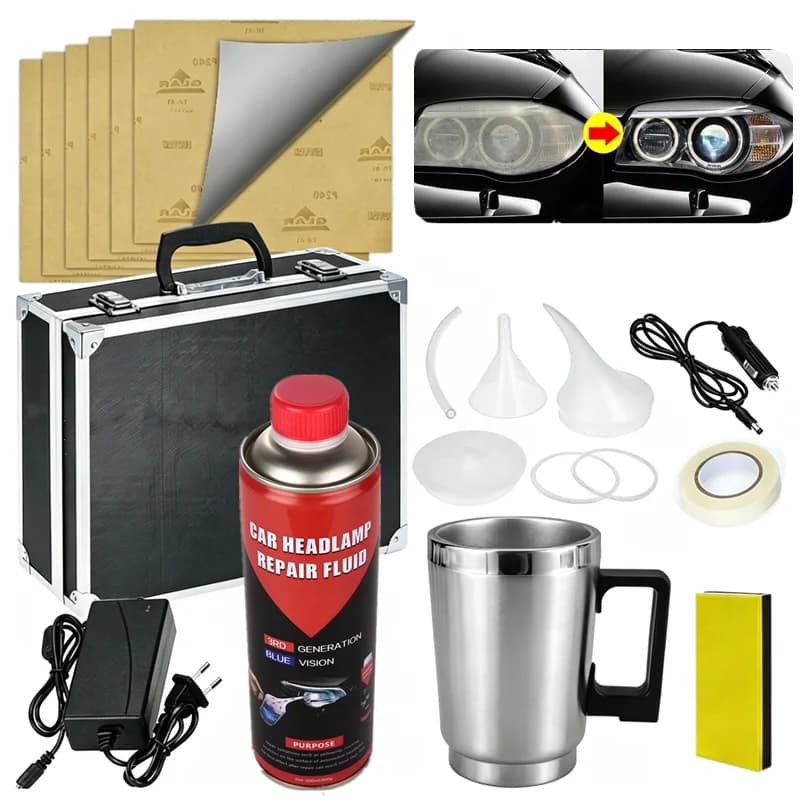 Kit di Rinnovamento Fari Auto 800G con Polimero Liquido, Set per Pulizia e Lucidatura Chimica dei Fari, Evaporatore Elettrico per Auto