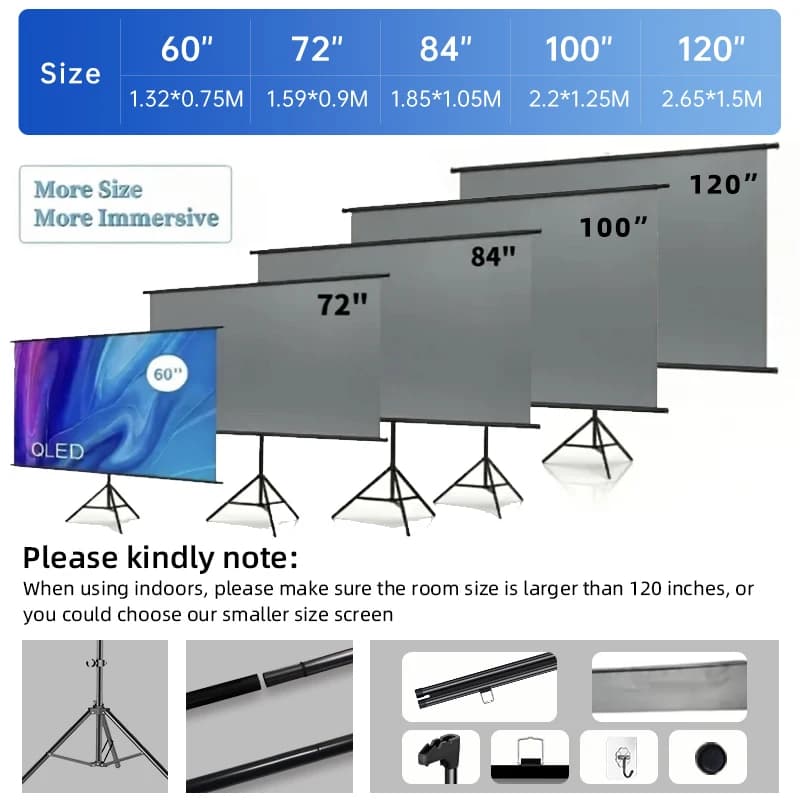 Projector Screen With Stand Metal Grey Anti-Light 60 72 84 100 120 inch For Home Theater Outdoor Bracket Projection Screen